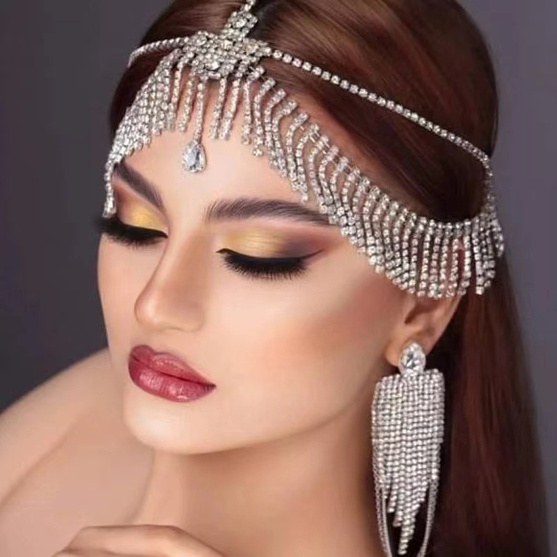 Luxury Rhinestone Bridal Head Chain with Crystal Fringe Design